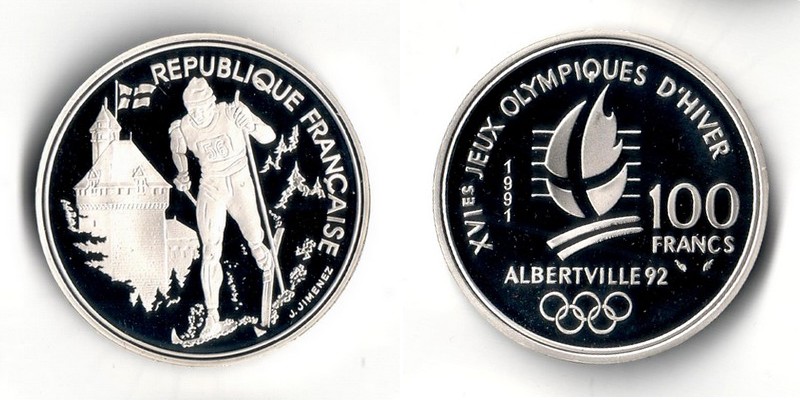  Frankreich  100 Francs  1991  Olympische Winterspiele 1992   FM-Frankfurt Feinsilber: 19,98g   