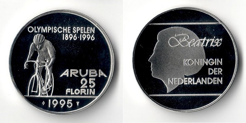  Aruba  25 Florin 1995   100. Jahrestag der Olympischen Spiele    FM-Frankfurt Feinsilber: 23,16g   