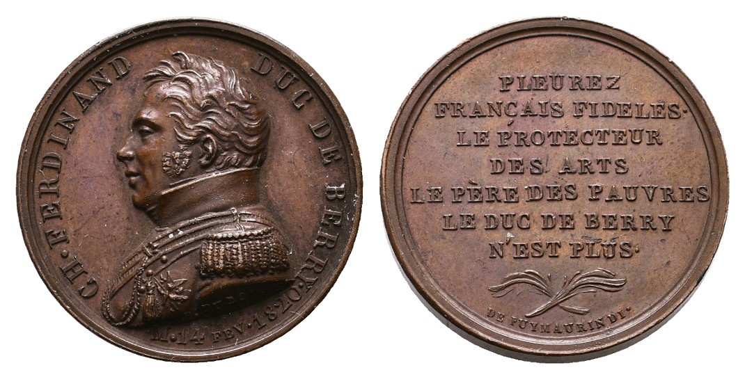  Linnartz Frankreich Charles Ferdinand Duc de Berry Bronzemedaille 1820(Dubois) ss-vz Gewicht: 8,7g   