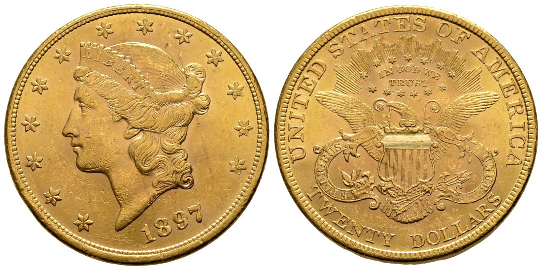 PEUS 2616 USA 30,1 g Feingold. Coronet Head 20 Dollars GOLD 1897 Kl. Kratzer, Sehr schön / Vorzüglich