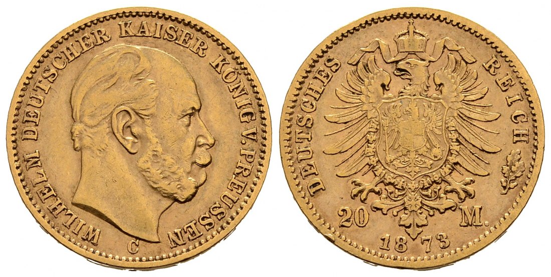 PEUS 2631 Kaiserreich - Preußen 7,16 g Feingold. Wilhelm I. (1861 - 1888) 20 Mark GOLD 1873 C Frankfurt Kl. Randfehler, Sehr schön