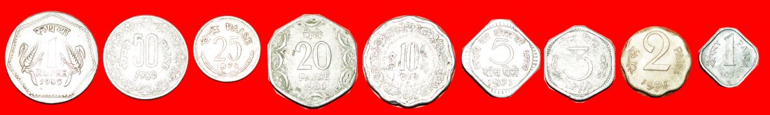 + SET 9 COINS: INDIA ★ 1-2-3-5-10-20-25-50 PAISE - 1 RUPEE TYPE 1964-1991! LOW START ★ NO RESERVE!