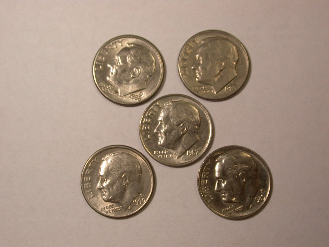 D01 USA 5 x Dime 83,85, 87, 88 u 90 vz/vz-st Orginalbilder