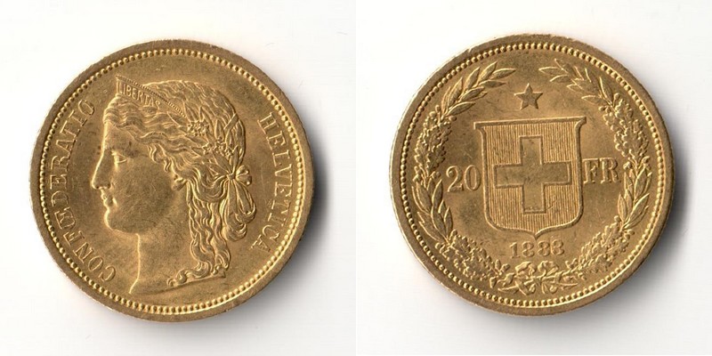 Schweiz 20 sFR 1883 MM-Frankfurt Feingold: 5,81g Helvetica  