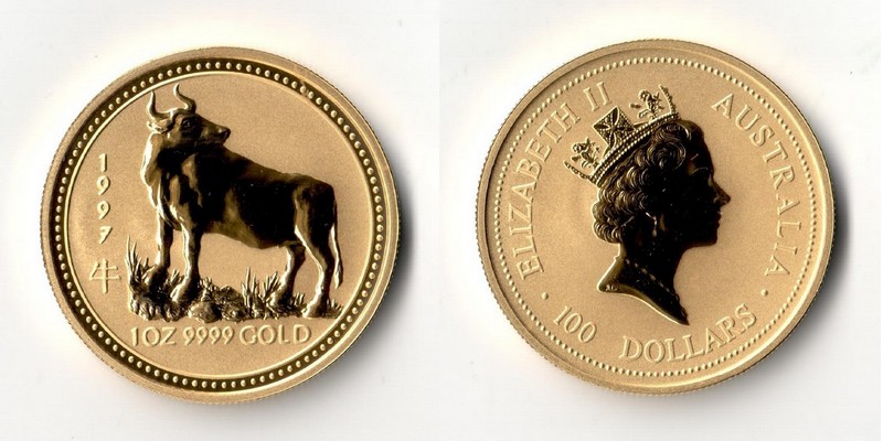 Australien  100 Dollar   1997 MM-Frankfurt Feingold: 31,1g Jahr des Ochsen  