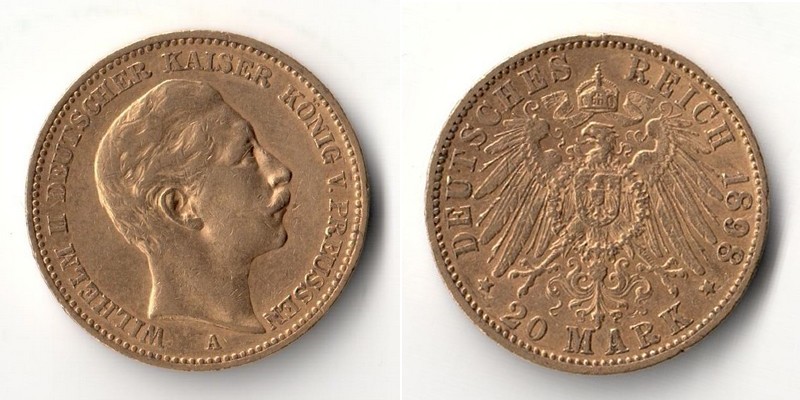 Preussen Kaiserreich  20 Mark  1898 A MM-Frankfurt Feingold: 7,17g Wilhelm II. 1888-1918  