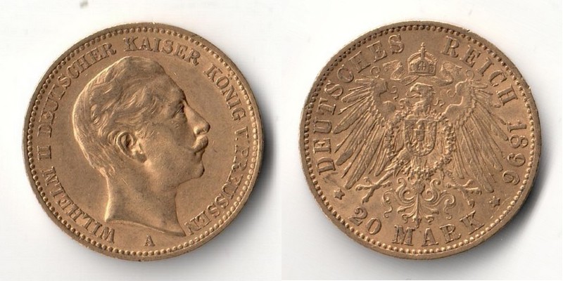Preussen, Kaiserreich  20 Mark  1896 A MM-Frankfurt Feingold: 7,17g Wilhelm II. 1891-1918  