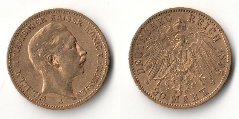 Preussen, Kaiserreich  1895 A  20 Mark MM-Frankfurt Feingold: 7,17g Wilhelm II. 1891-1918  