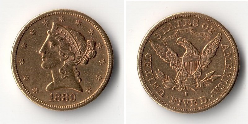 USA  5 Dollar  1880 MM-Frankfurt   Feingold: 7,52g Liberty  