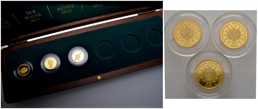 PEUS 2683 BRD Insg. 11,67 g Feingold. Deutscher Wald - Incl. Holzbox OHNE Zertifikate 20 Euro GOLD (3 Münzen) 2010 - 2012 Stempelglanz (in Kapsel)