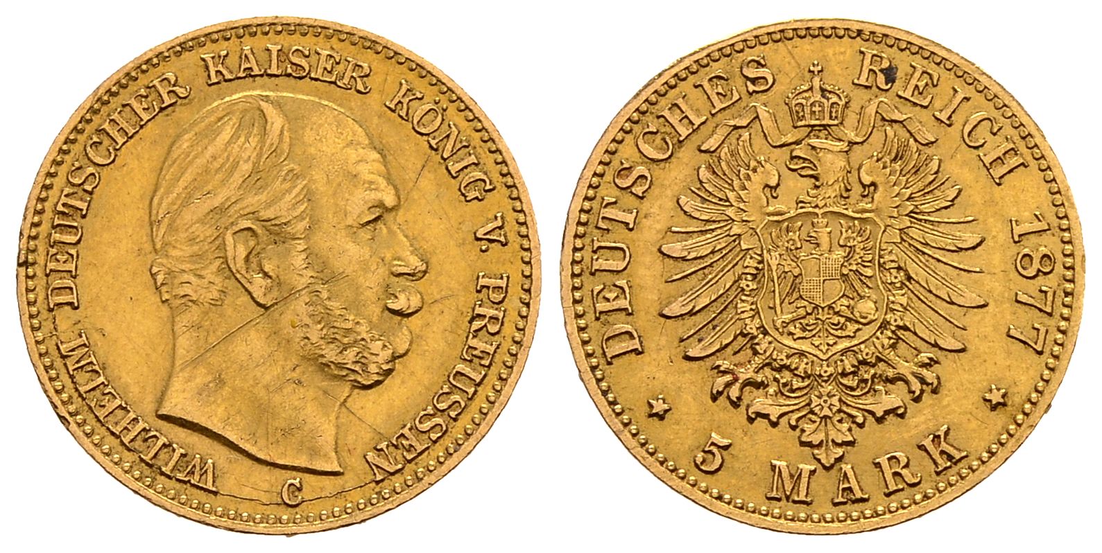 PEUS 2688 Kaiserreich - Preußen 1,79 g Feingold.  Wilhelm I. (1861 - 1888) 5 Mark GOLD 1877 C Frankfurt Kratzer, Sehr schön / Sehr schön +