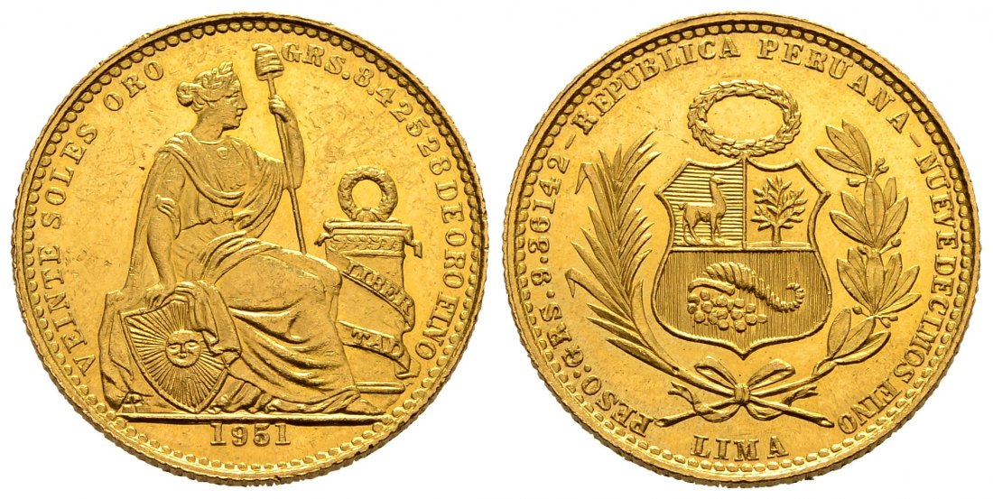 PEUS 2689 Peru 8,43 g Feingold. Staatswappen / Libertas 20 Soles GOLD 1951 Kl. Kratzer, Vorzüglich / Sehr schön