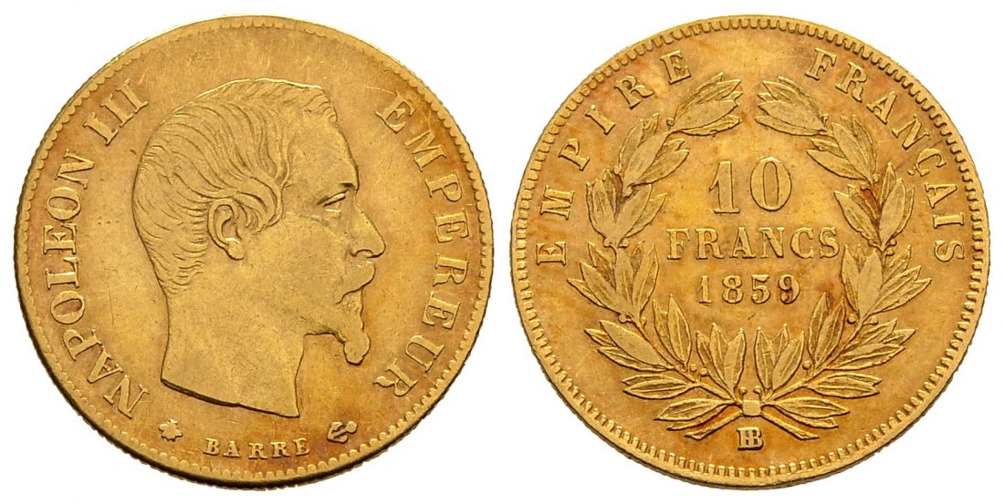 PEUS 2692 Frankreich 2,90 g Feingold. Napoleon III. (1852-1870) 10 Francs GOLD 1859 BB Straßbur Sehr schön