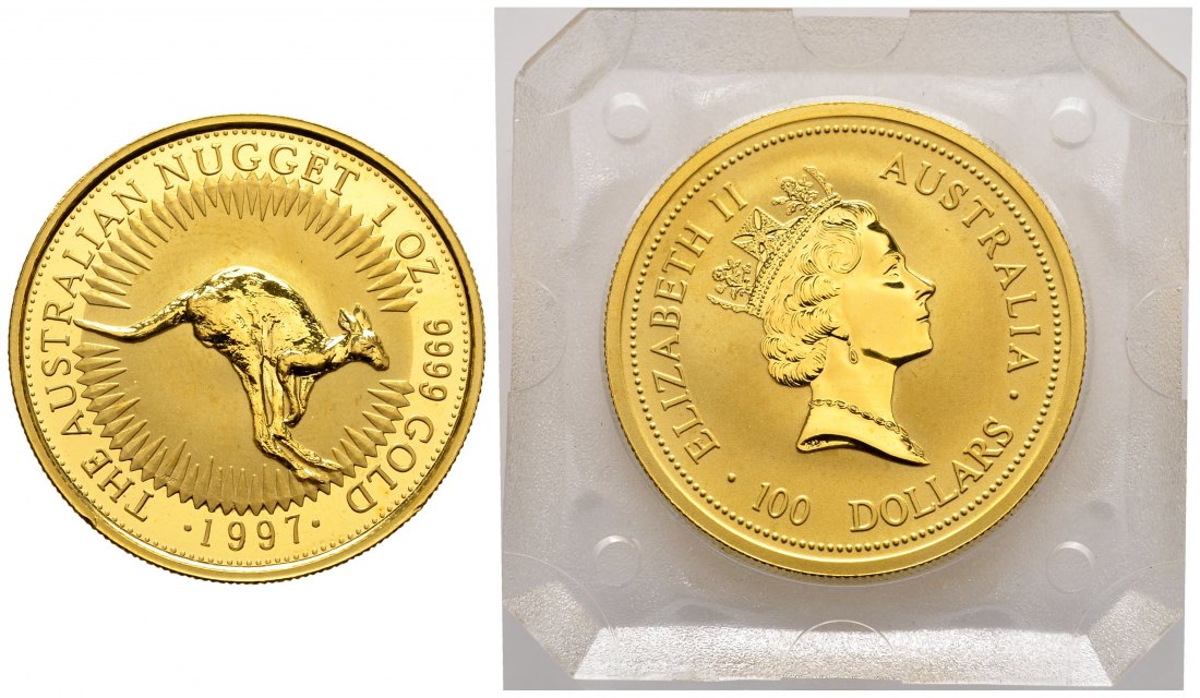 PEUS 2694 Australien 31,1 g Feingold. Känguru 100 Dollars GOLD Unze 1997 Uncirculated (in Originalkapsel)
