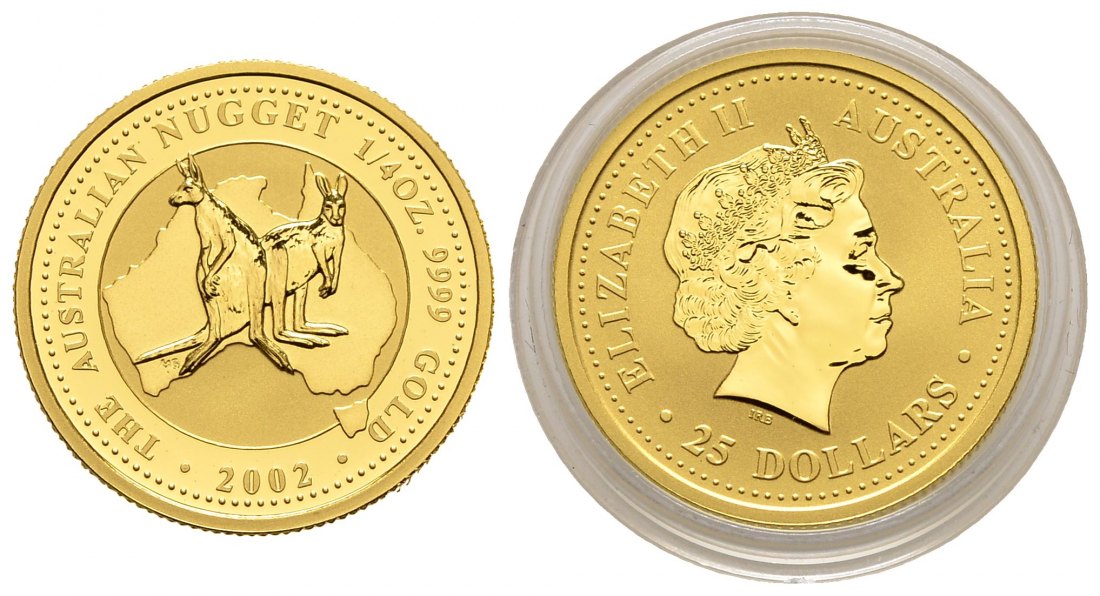 PEUS 2695 Australien 7,78 g Feingold. Zwei Kängurus vor Landkarte 25 Dollars GOLD 1/4 Unze 2002 Uncirculated (in Kapsel)