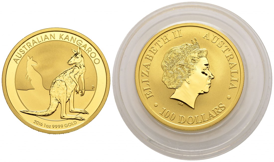PEUS 2697 Australien 31,1 g Feingold. Känguru 100 Dollars GOLD Unze 2016P Uncirculated (in Kapsel)
