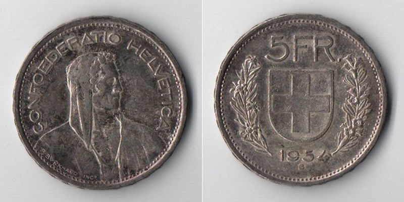  Schweiz  5 Franken  1954  FM-Frankfurt Feinsilber: 12,52g   