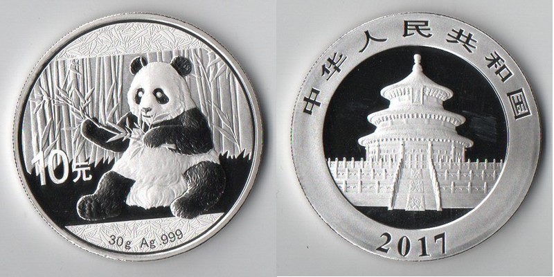  China  10 Yuan  2017  Sitzender Panda mit Bambus  FM-Frankfurt  Feinsilber: 30g   