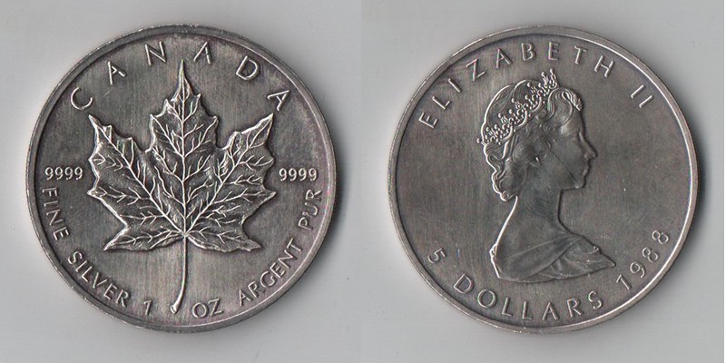  Kanada  5 Dollar  1988   Kanadisches Ahornblatt    FM-Frankfurt   Feinsilber: 31,1g   