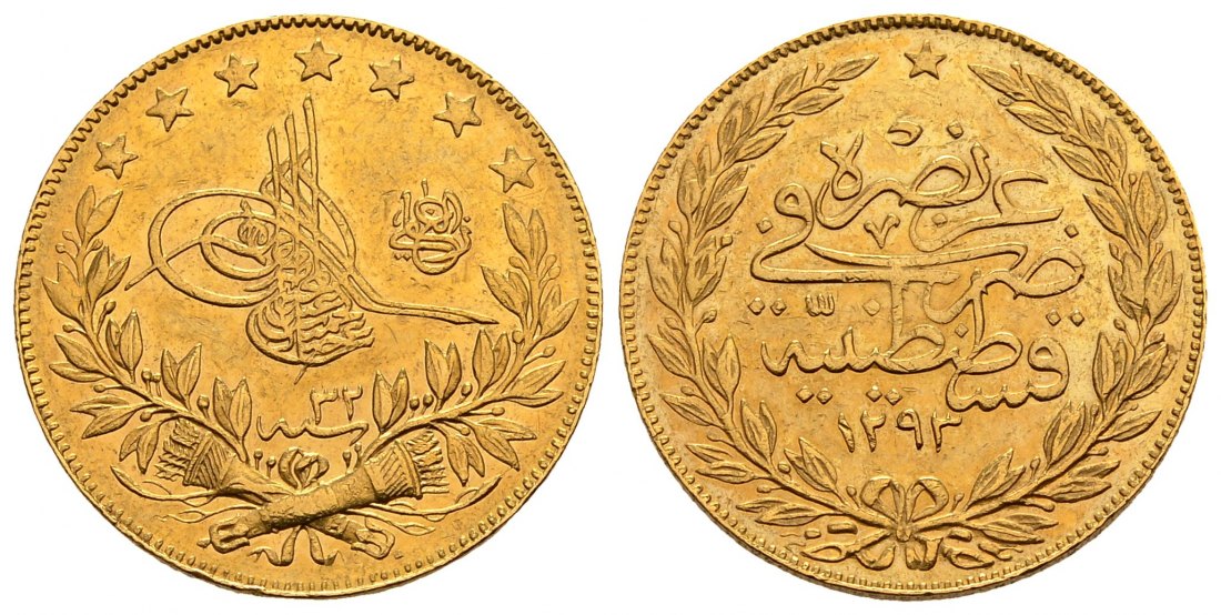 PEUS 2702 Türkei 6,61 g Feingold. Sultan Abdul Hamid II. (1876-1909) 100 Piaster GOLD 1325=14.12.1907 Sehr schön