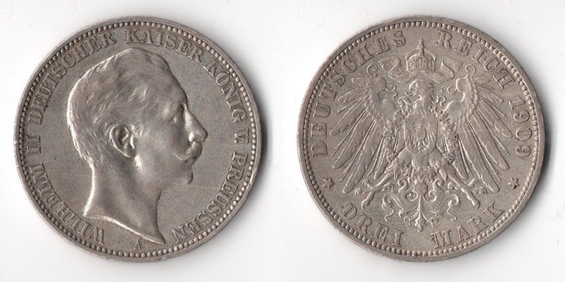  Preussen, Kaiserreich  3 Mark  1909 A  Wilhelm II. 1888-1918    FM-Frankfurt   Feinsilber: 15g   