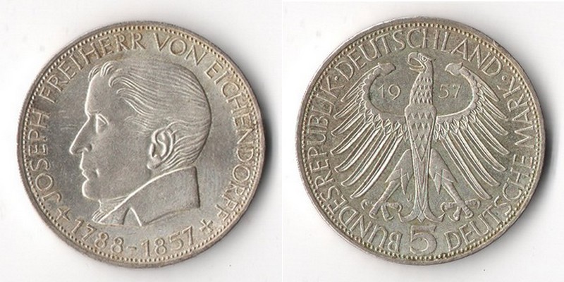  BRD  5 DM  1957 J  100 Jahre Joseph Freiherr von Eichendorff   FM-Frankfurt  Feinsilber: 7g   