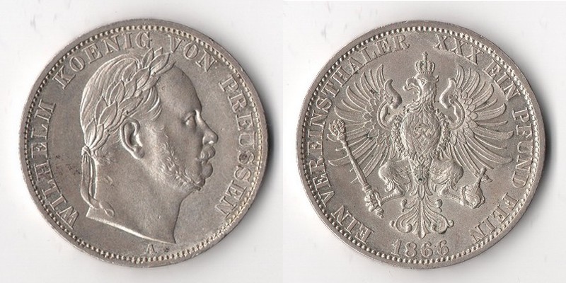  Preussen  Vereinstaler 1866   Wilhelm II.   FM-Frankfurt  Feinsilber: 16,67g   