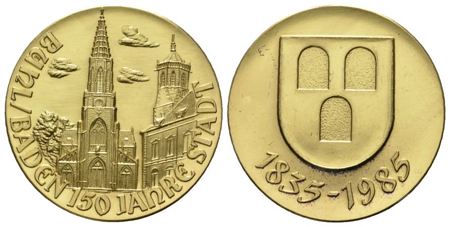  Bühl/Baden; 150 Jahre Stadt; vergoldete Silbermedaille 1985; 1000 AG, 20 g ; Ø 35 mm   