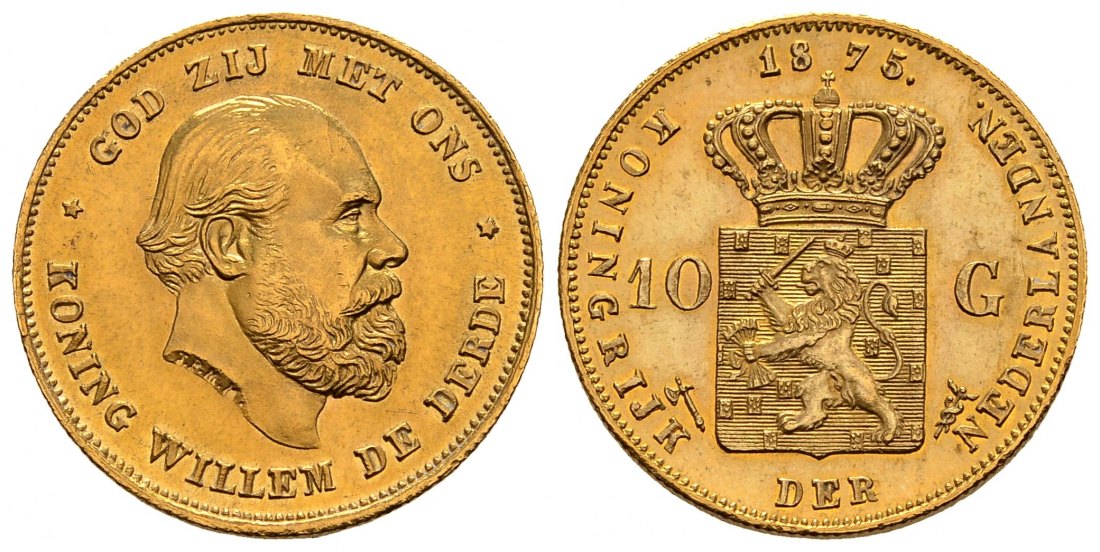 PEUS 2708 Niederlande 6,06 g Feingold. Wilhelm III. (1849 - 1890) 10 Gulden GOLD 1875 Utrecht Kl. Kratzer, fast Vorzüglich