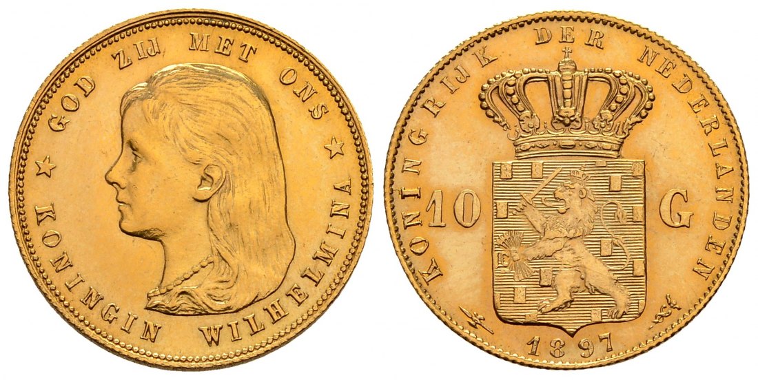 PEUS 2709 Niederlande 6,06 g Feingold. Wilhelmina III. (1890 - 1948) 10 Gulden GOLD 1897 Kl. Kratzer, Vorzüglich