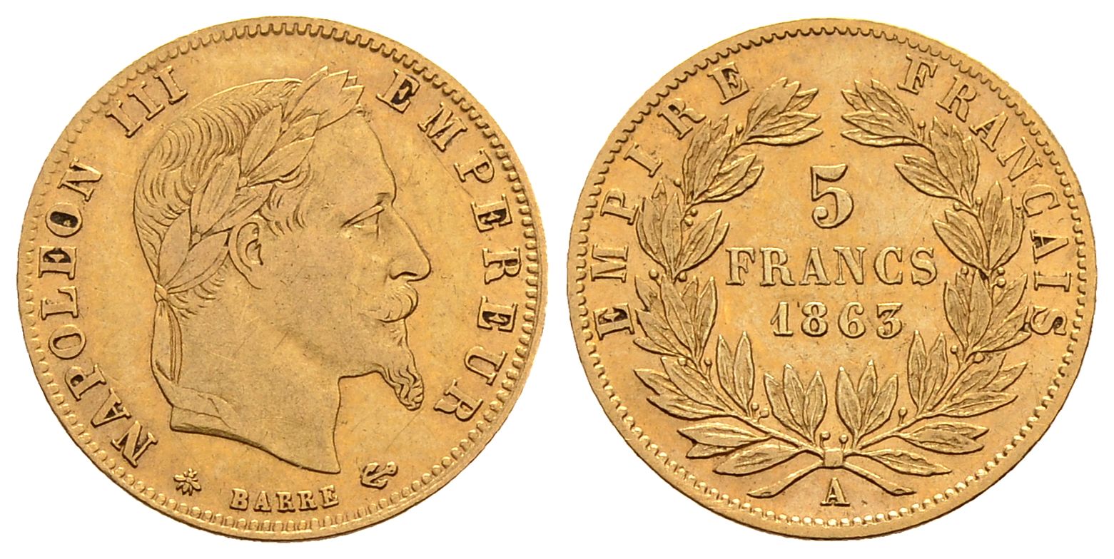 PEUS 2711 Frankreich 1,45 g Feingold. Napoleon III. (1852-1870) 5 Francs GOLD 1863 A Sehr schön / Sehr schön +