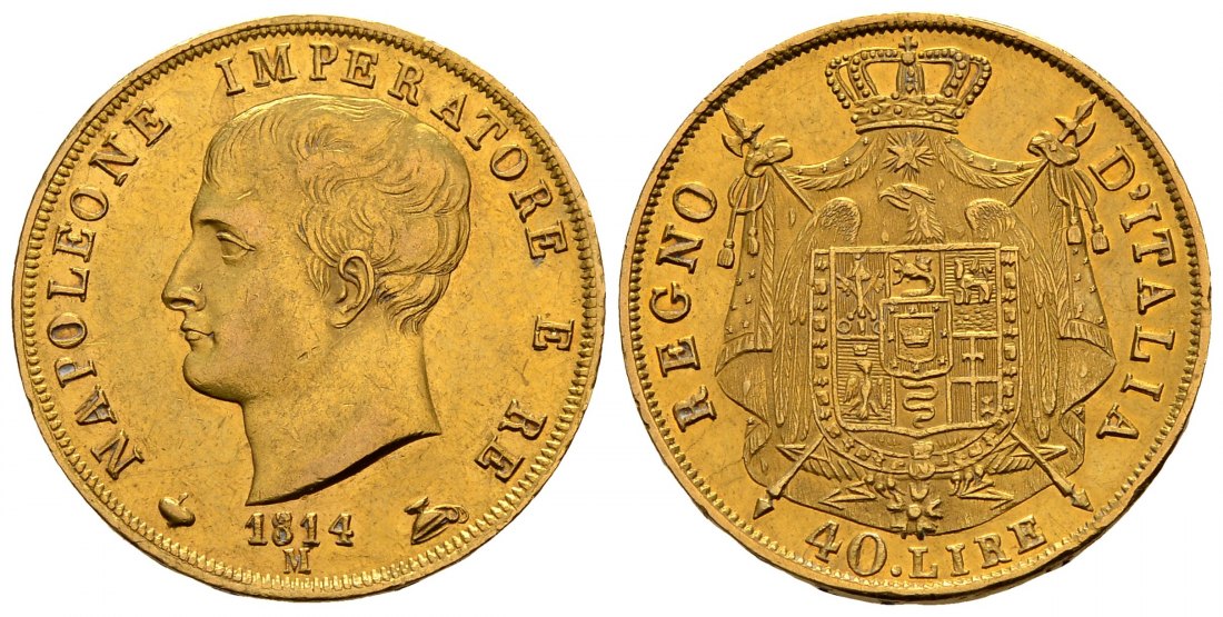 PEUS 2713Italien als Teil v. Frankreich 11,61 g Feingold. Napoleon (1805 - 1814) 40 Lire GOLD 1814 M Kl. Randfehler, Sehr schön
