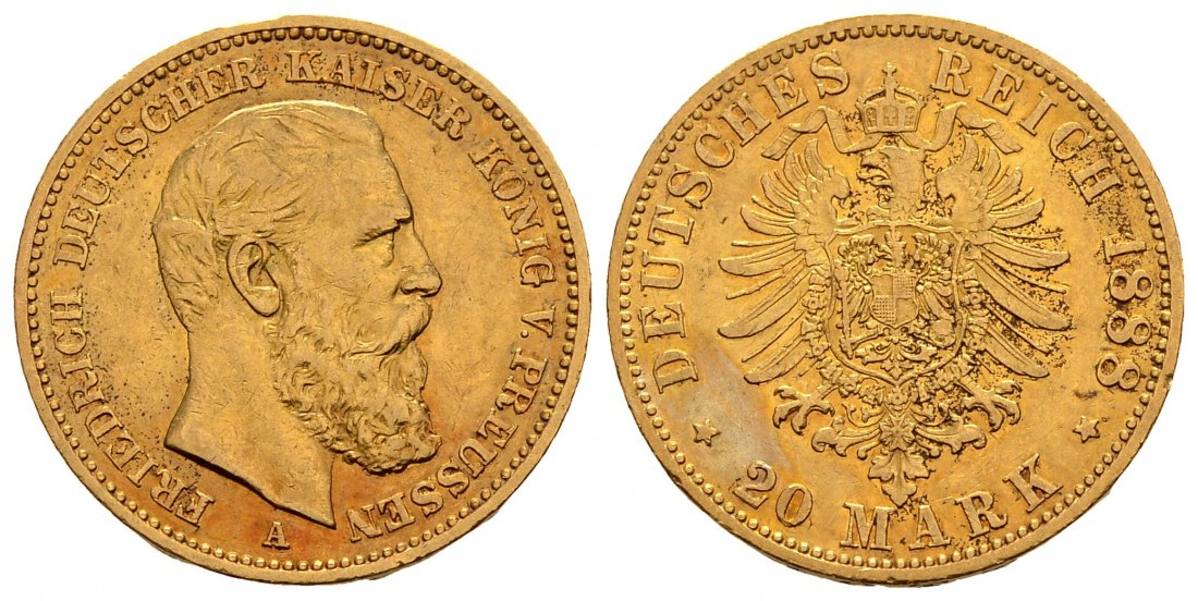 PEUS 2716 Kaiserreich - Preußen 7,16 g Feingold. Friedrich III.(09.03. - 15.06.1888) 20 Mark GOLD 1888 A Sehr schön