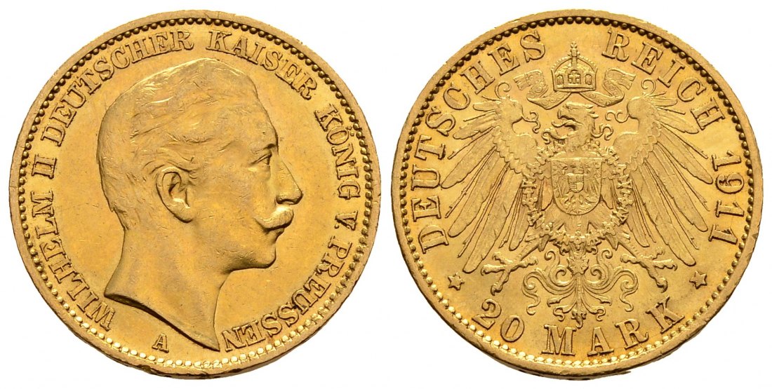 PEUS 2718 Preußen - Kaiserreich 7,16 g Feingold. Wilhelm II. (1888 - 1918) 20 Mark GOLD 1911 A Kl. Kratzer, Sehr schön / fastVorzüglich