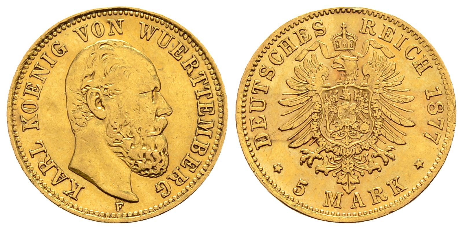 PEUS 2719 Kaiserreich - Württemberg 1,79 g Feingold. Karl (1864 - 1891) 5 Mark Gold 1877 F Gewellt, sehr schön