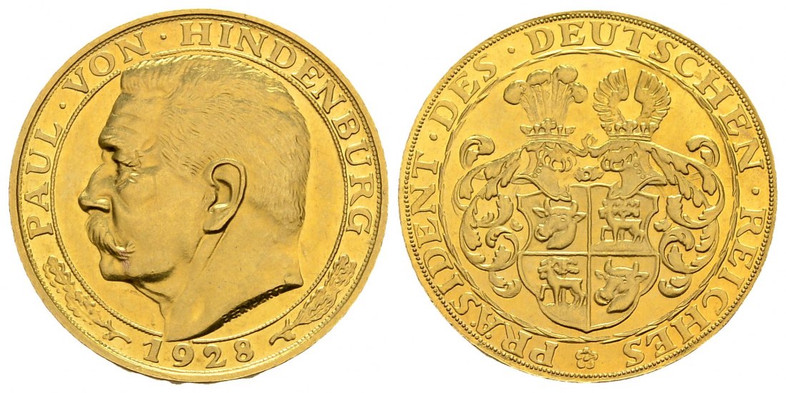 PEUS 2720 Weimarer Republik 4,88 g Feingold / 22,5 mm. Paul v.Hindenburg (Probe 20 Mark) Goldmedaille GOLD 1928 B Berlin Kratzer, Vorzüglich
