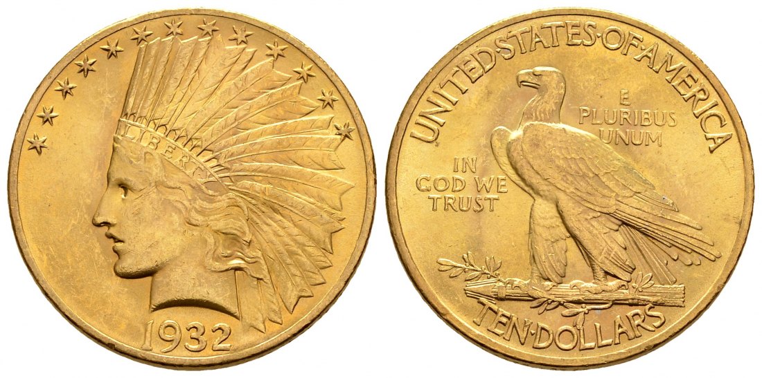 PEUS 2725 USA 15,05 Feingold. Indian Head 10 Dollars GOLD 1932 Kl. Randfehler, fast Vorzüglich