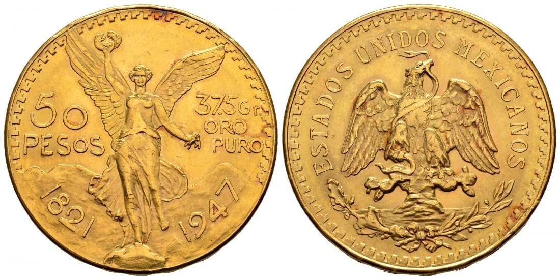 PEUS 2726 Mexiko 37,5 g Feingold. 50 Pesos GOLD 1947 Kl. Kratzer, fast Vorzüglich