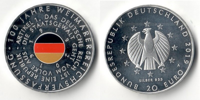  BRD 20 Euro 2019 A mit Colorierung 100 Jahre Weimarer Reichsverfassung FM-Frankfurt Feinsilber:16,5g   