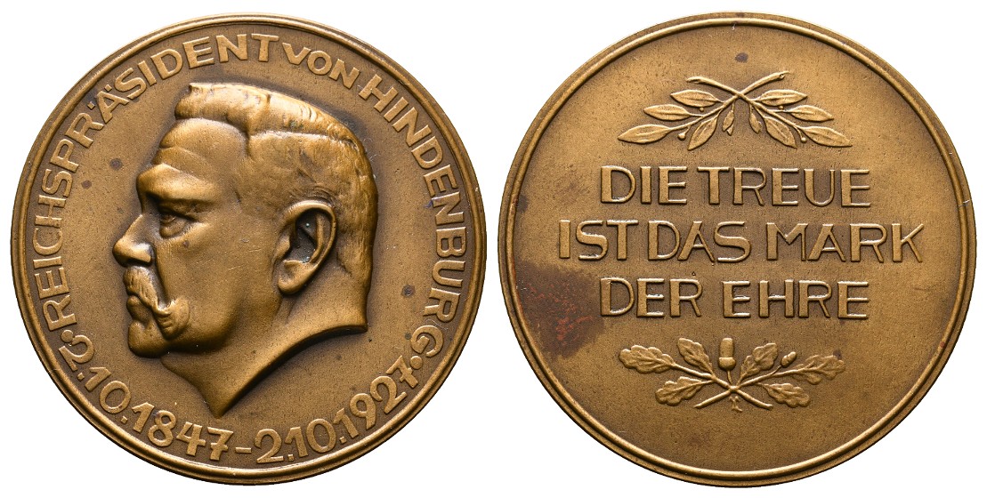  Linnartz Hindenburg Bronzemedaille 1927 a.s. 80.Geburtstag vz fleckig Gewicht: 43g   