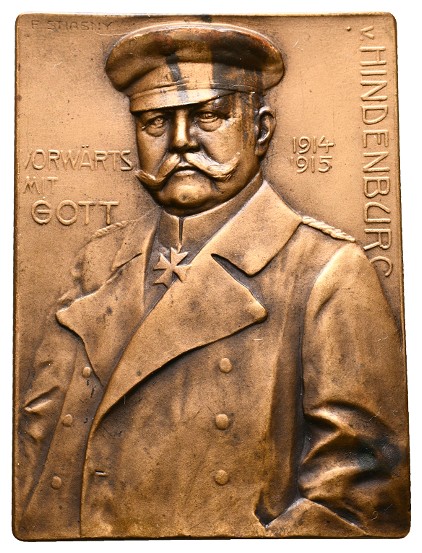  Linnartz Hindenburg Einseitige-Bronzeplakete 1915 Vorwärts mit Gott vz fleckig Gewicht: 43g   