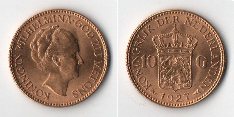 Niederlande  10 Gulden  1927 MM-Frankfurt  Feingold: 6,06g Wilhelmina I.  