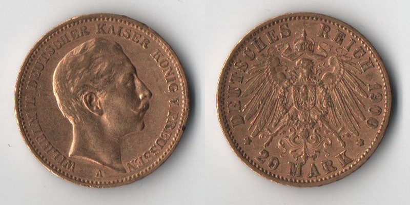 Preussen, Kaiserreich  1900 A  20 Mark MM-Frankfurt Feingold: 7,17g Wilhelm II  1888 - 1918  