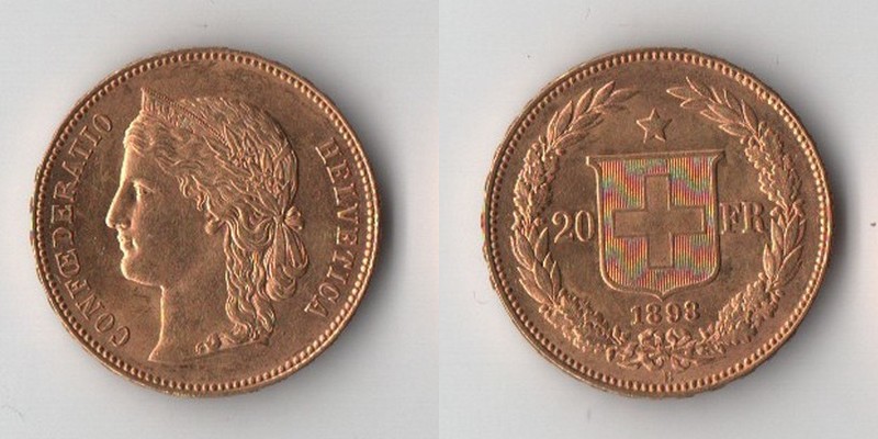 Schweiz  20 sFR 1893 B MM-Frankfurt Feingold: 5,81g Helvetia  
