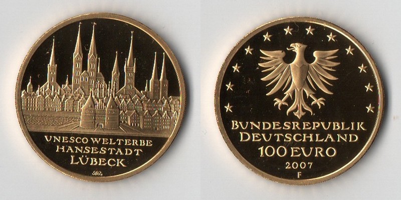 BRD  100 Euro  2007 F MM-Frankfurt  Feingold: 15,55g UNESCO Weltkulturerbe -Hansestadt Lübeck  