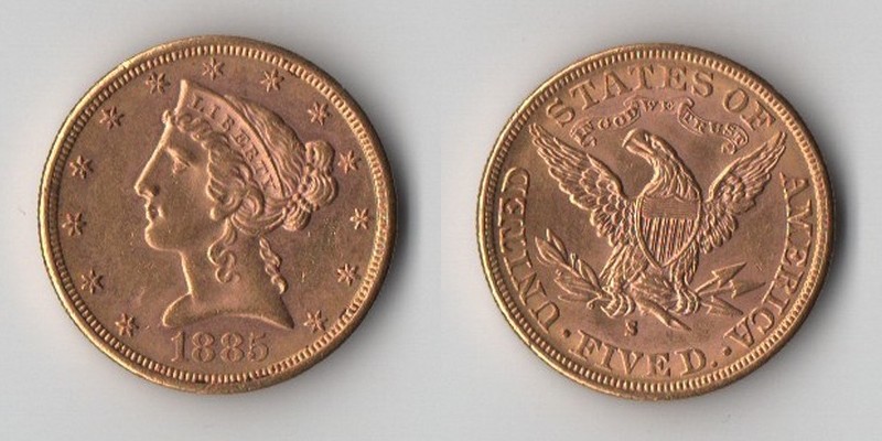 USA  5 Dollar  1885 MM-Frankfurt   Feingold: 7,52g Liberty  