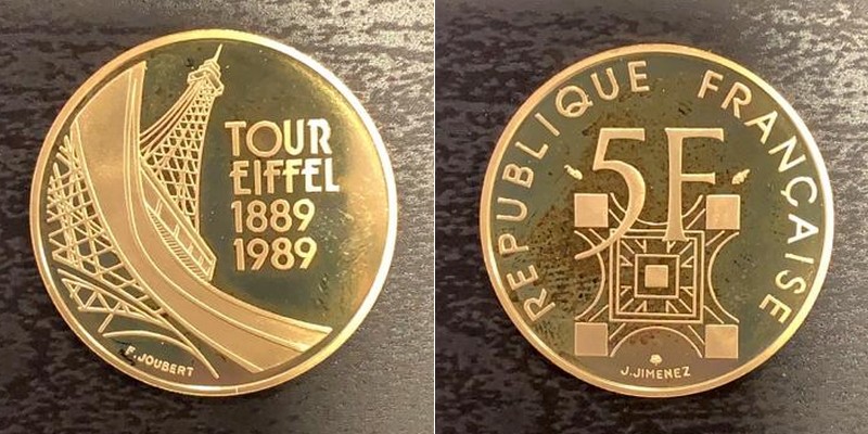 Frankreich  5 Francs  1989 MM-Frankfurt Feingold: 12,88g Eiffelturm  