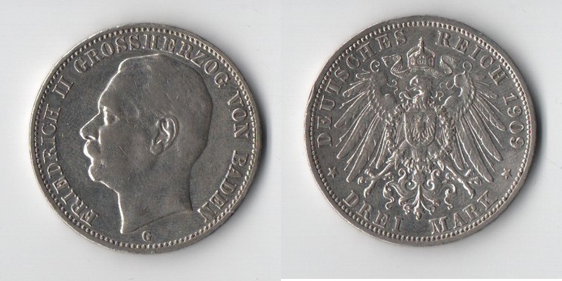  Baden, Kaiserreich  3 Mark  1909 G Friedrich II. 1907-1918   FM-Frankfurt    Feinsilber: 15g   