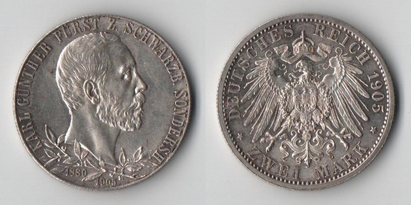  Schwarzburg-Sondershausen, Kaiserreich 2 Mark 1905   Karl Günther   FM-Frankfurt  Feinsilber: 10g   