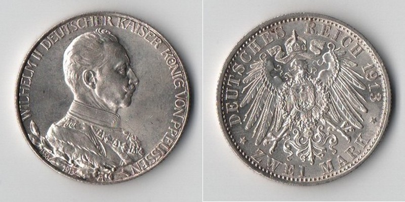  Preussen, Kaiserreich  2 Mark  1913 A   Wilhelm II. 1888-1918   FM-Frankfurt Feinsilber: 10g   